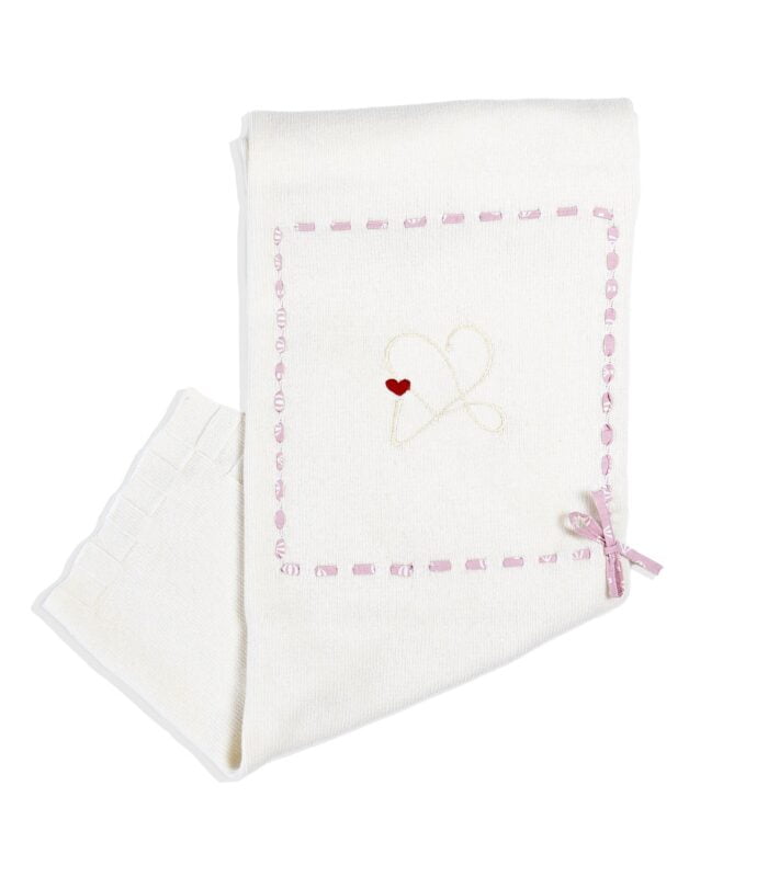 Scialle nascita in lana merinos e cashmere - bianco e rosa - immagine 1