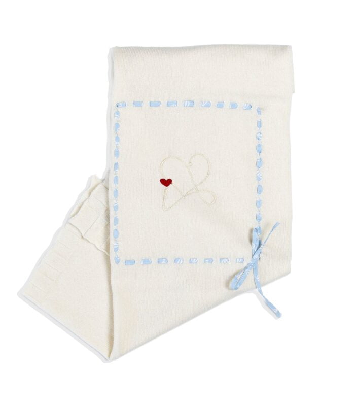 Scialle nascita in lana merinos e cashmere - bianco e azzurro - immagine 1